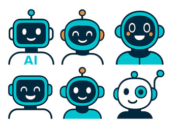 Set of six diverse friendly robot avatar heads for AI and technology concepts
