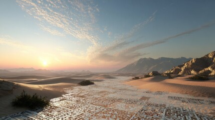 Naklejka premium Futuristic landscape of flowing sand dunes and particles
