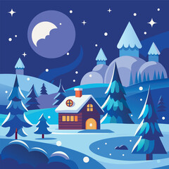 Naklejka premium Cozy winter cabin in a snowy landscape, glowing windows, pine trees, mountains, moonlit night sky, falling snow, colorful vector illustration