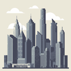 Obraz premium A stylized illustration of a modern cityscape featuring numerous tall skyscrapers and urban architecture under a cloudy sky.