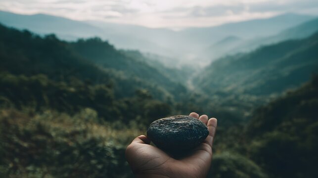 Traveler holding a compass for navigation in a scenic mountain valley.