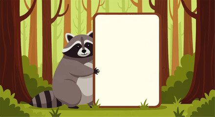 Fototapeta premium Cartoon Raccoon Holding Blank Sign in Forest with Transparent Background