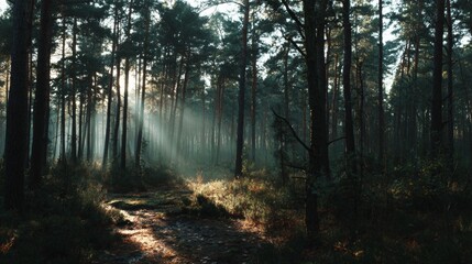 Obraz premium Atmospheric mood dense morning fog enveloping pine