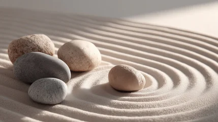 Foto auf Acrylglas Steine im Sand Minimal zen garden with smooth stones and calming soft light. Sand zen garden with smooth stones, gentle shadows, soft diffused lgith, meditative minimal composition, calming visual balance.  © Dirk
