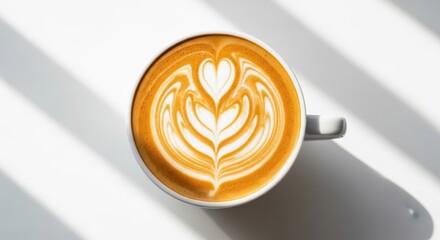 Delicious latte coffee with beautiful heart and leaf latte art, isolated on white background