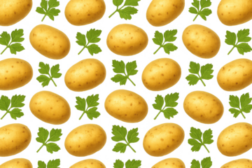 Potato tubers and fresh green parsley leaves creating a seamless repeating food pattern on transparent background