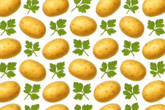 Potato tubers and fresh green parsley leaves creating a seamless repeating food pattern on transparent background