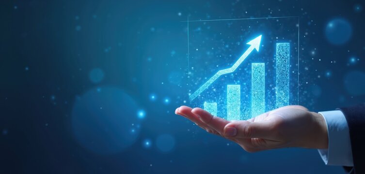 Businessman hand holds glowing blue bar chart. Upward arrow shows business growth, finance success. Digital graph displays data analysis, market strategy, investment profit plan, management report.
