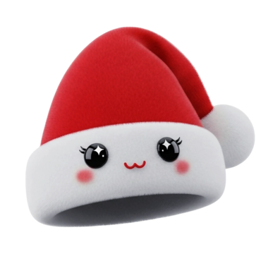 Cute cartoon character wearing a red and white Santa hat with big eyes and rosy cheeks christmas