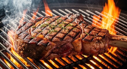 Tomahawk steak grilling on a barbecue with flames and smoke