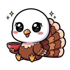 Adorable cartoon turkey chick happily presents a bowl of festive cranberry sauce, perfect for holiday cheer