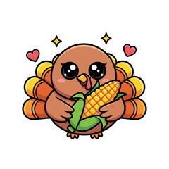 Adorable cartoon turkey character illustration holding a ripe ear of corn, perfect for festive holiday designs and graphic elements