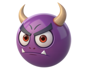 Ultra-smooth 3D angry purple devil emoji, glossy horned head, clean reflections, transparent background