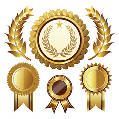 Luxury golden royal badge emblem, black background, gold wreath, crown icon, shiny metallic effect, elegant premium logo style