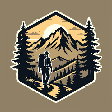 Vintage logo badge of man trail hiking mountain pine tree forest and lake river with backpack. Rustic outdoor retro old emblem editable vector illustration