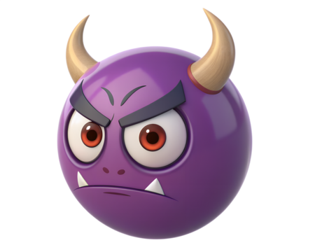 Ultra-smooth 3D angry purple devil emoji, glossy horned head, clean reflections, transparent background