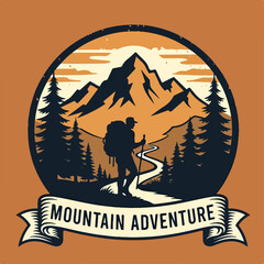 Vintage logo badge of man trail hiking mountain pine tree forest and lake river with backpack. Rustic outdoor retro old emblem editable vector illustration