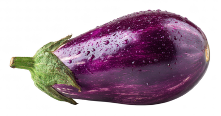 Purple eggplant with glossy skin, isolated on transparent background, realistic lighting, fresh produce style