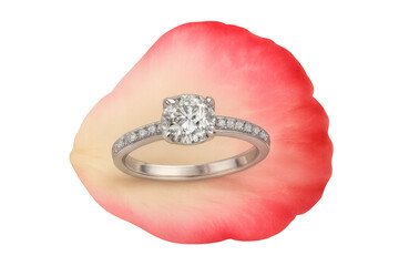Diamond engagement ring on a single pink rose petal, symbolizing love, proposal, and marriage, transparent background