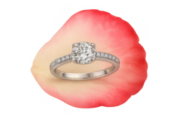 Diamond engagement ring on a single pink rose petal, symbolizing love, proposal, and marriage, transparent background