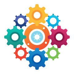 Bright colorful gear icons interconnected, flat vector style