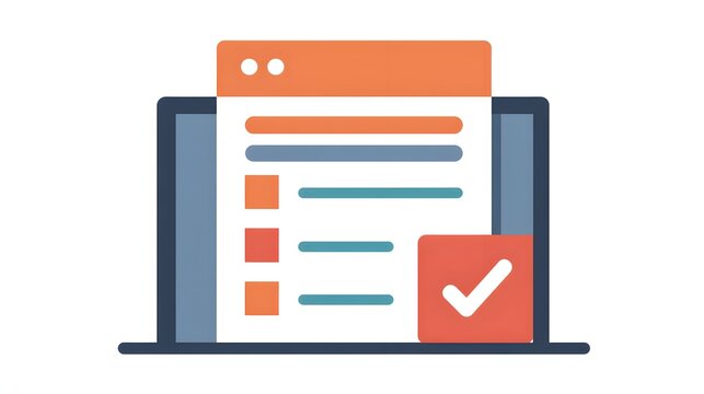 Vector illustration of an online checklist form with a checkmark for completion on a computer screen.