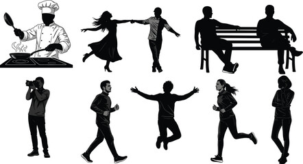 Silhouette vector set of chef cooking, dancing couple, photographer, jogger, jumping figure, emotional pose, lifestyle activity, black icons
