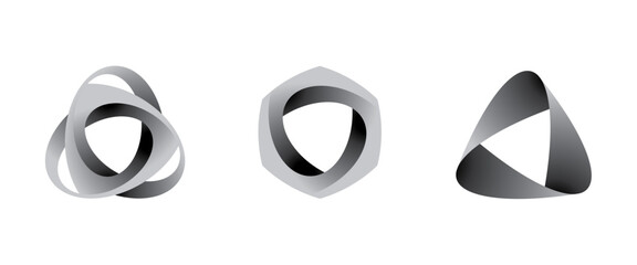 Abstract twisted infinity triangle loop shapes – modern 3d geometric monochrome vector design.