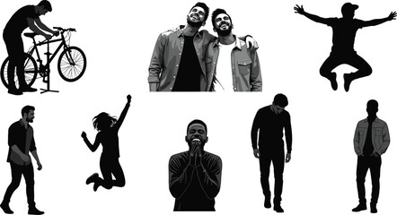 Silhouette vector set of cycling, friendship, jumping, walking, praying, and standing poses – lifestyle, emotion, and movement activity icons