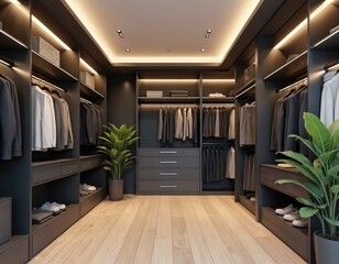 Modern walk-in closet with dark gray custom cabinetry and built-in shelves. Includes clothes hanging rods drawers shoe storage and potted plants accentuating a sleek contemporary interior.