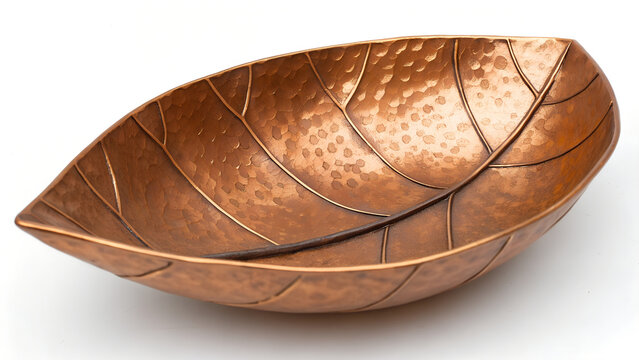Bowl shaped like a leaf, made from hammered copper.