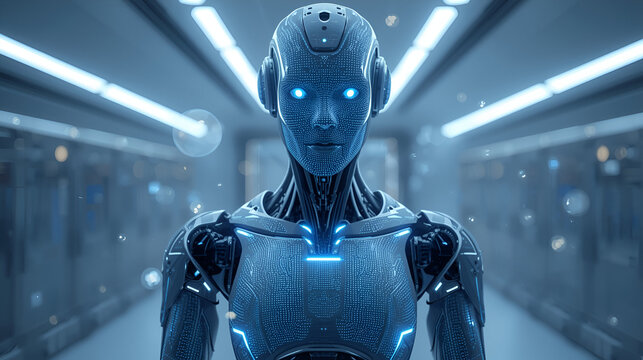 Futuristic AI Robot with Glowing Cyber Tech in High-Tech Lab