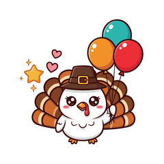 Charming cartoon turkey in Pilgrim hat celebrates with vibrant balloons, a delightful vector illustration of autumn holiday joy