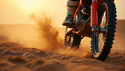 Naklejka premium Red dirt bike speeds across desert sand dune, kicking up dust. Rider in gear controls motorcycle through arid terrain at golden hour. Extreme sport adventure.