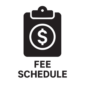 a black and white icon depicting a clipboard with a dollar sign and the word fee