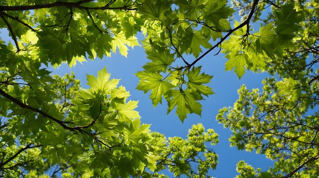 Vibrant green canopy leaves frame a clear bright blue sky seen from below