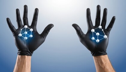 Innovative technology illustration with hands in gloves holding a network structure