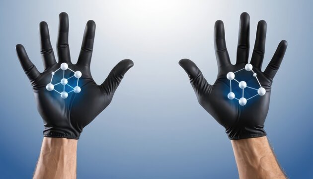 Innovative technology illustration with hands in gloves holding a network structure