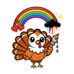 Adorable Cartoon Turkey Painting a Vibrant Rainbow with Hearts and Stars, a Cute Creative Illustration