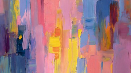 Vibrant abstract painting with colorful vertical brushstrokes.