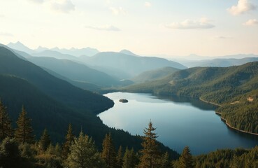Vast forest mountain landscape with calm lake and small island. Green pine trees cover rolling hills under hazy blue sky and soft sunlight. Serene natural scenery offers tranquility.