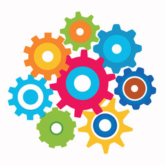 Bright colorful gear icons interconnected, flat vector style