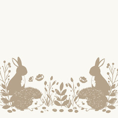 Symmetrical illustration of rabbits and hedgehogs in a whimsical garden setting with various plants and leaves, in a monochromatic taupe color scheme.