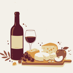 An illustration of a bottle of red wine, a glass of wine, assorted cheeses, grapes, and an apple on a wooden board, depicting a classic wine and cheese pairing.