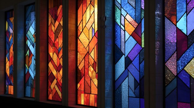 Vibrant abstract stained glass windows glowing with colorful light in a modern building. - Powered by Adobe