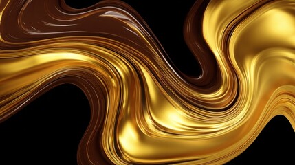 Abstract fluid design featuring glossy flowing golden and brown waves on a black background for creative and artistic applications