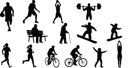 Silhouette vector set of people doing sports, exercise, stretching, cycling, snowboarding, weightlifting, and daily lifestyle activities outdoors