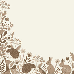 Whimsical sepia illustration of forest animals and wildflowers forming a decorative corner border on a light background.