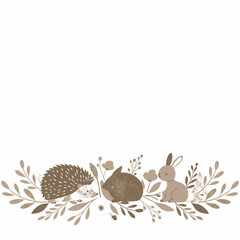 Stylized illustration of a hedgehog, guinea pig, and rabbit among botanical elements in a gentle brown palette.