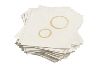Stack of white paper napkins with two round coffee cup stains, representing mess, dirty, and a need for cleaning